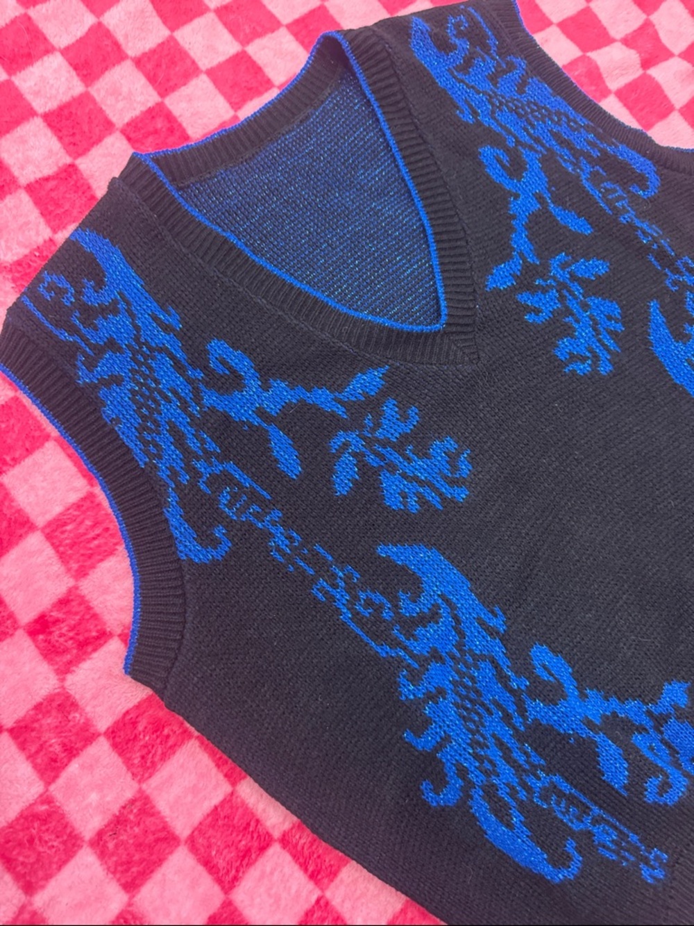 Black V-Neck Sweater Vest with Sparkly Blue Jacquard Detail - Picture 3 of 5